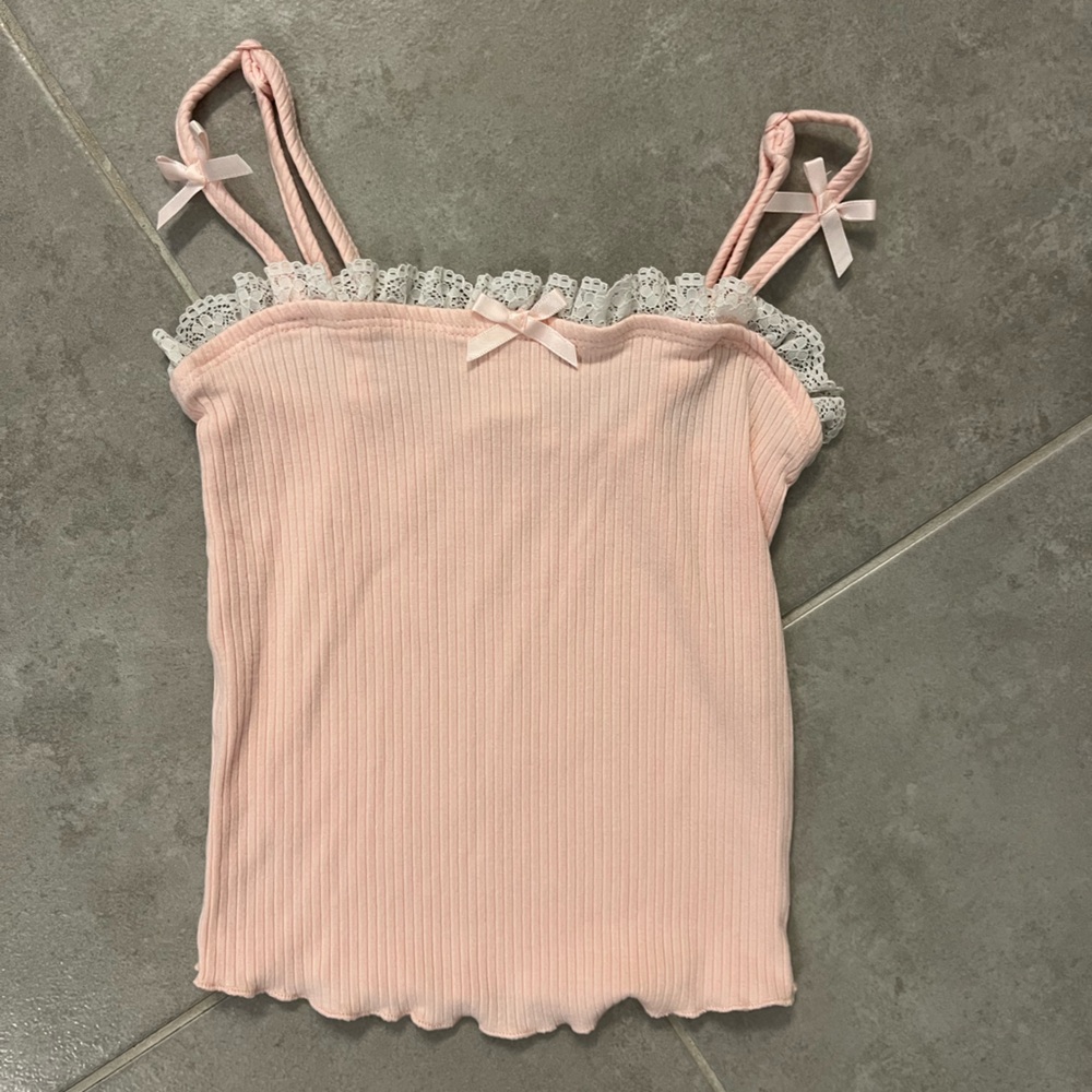 Full Tilt XXS Pink Ribbed Tank Top with Lace Trim